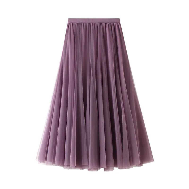 Soft Tulle A-Line Midi Skirt with Elastic Waistband