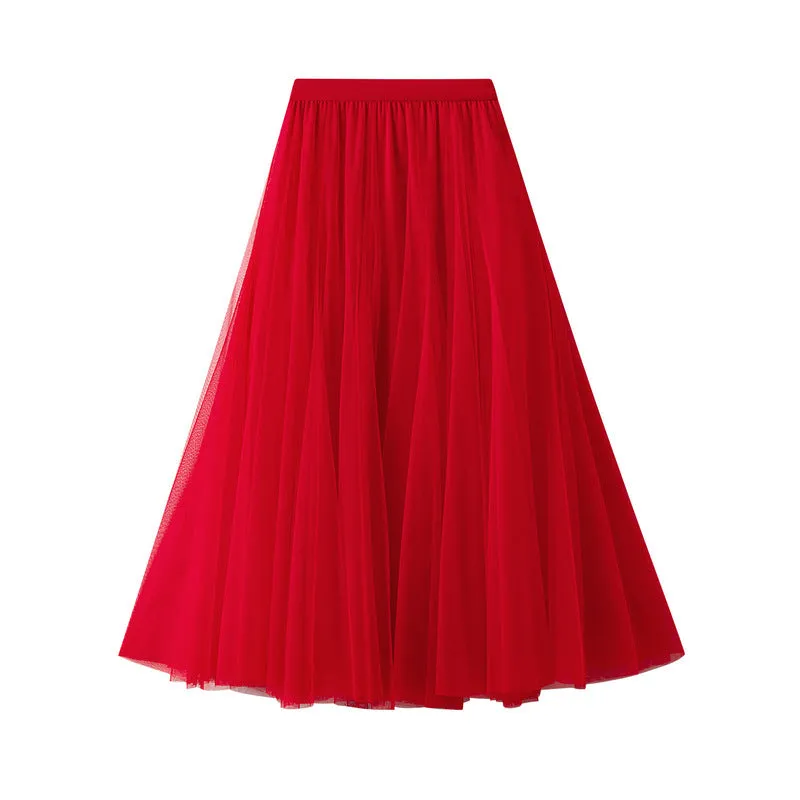 Soft Tulle A-Line Midi Skirt with Elastic Waistband