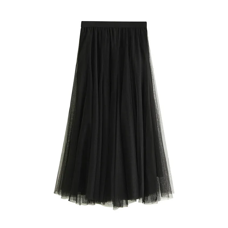 Soft Tulle A-Line Midi Skirt with Elastic Waistband