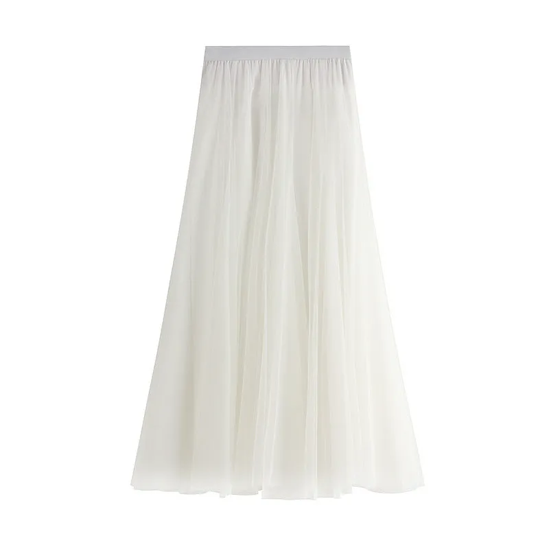 Soft Tulle A-Line Midi Skirt with Elastic Waistband
