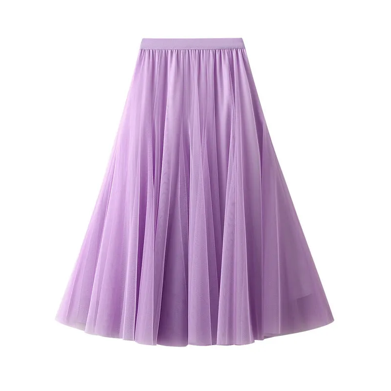 Soft Tulle A-Line Midi Skirt with Elastic Waistband