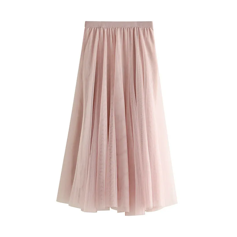 Soft Tulle A-Line Midi Skirt with Elastic Waistband
