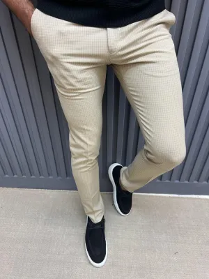 Sorento Beige Slim Fit Plaid Cotton Pants