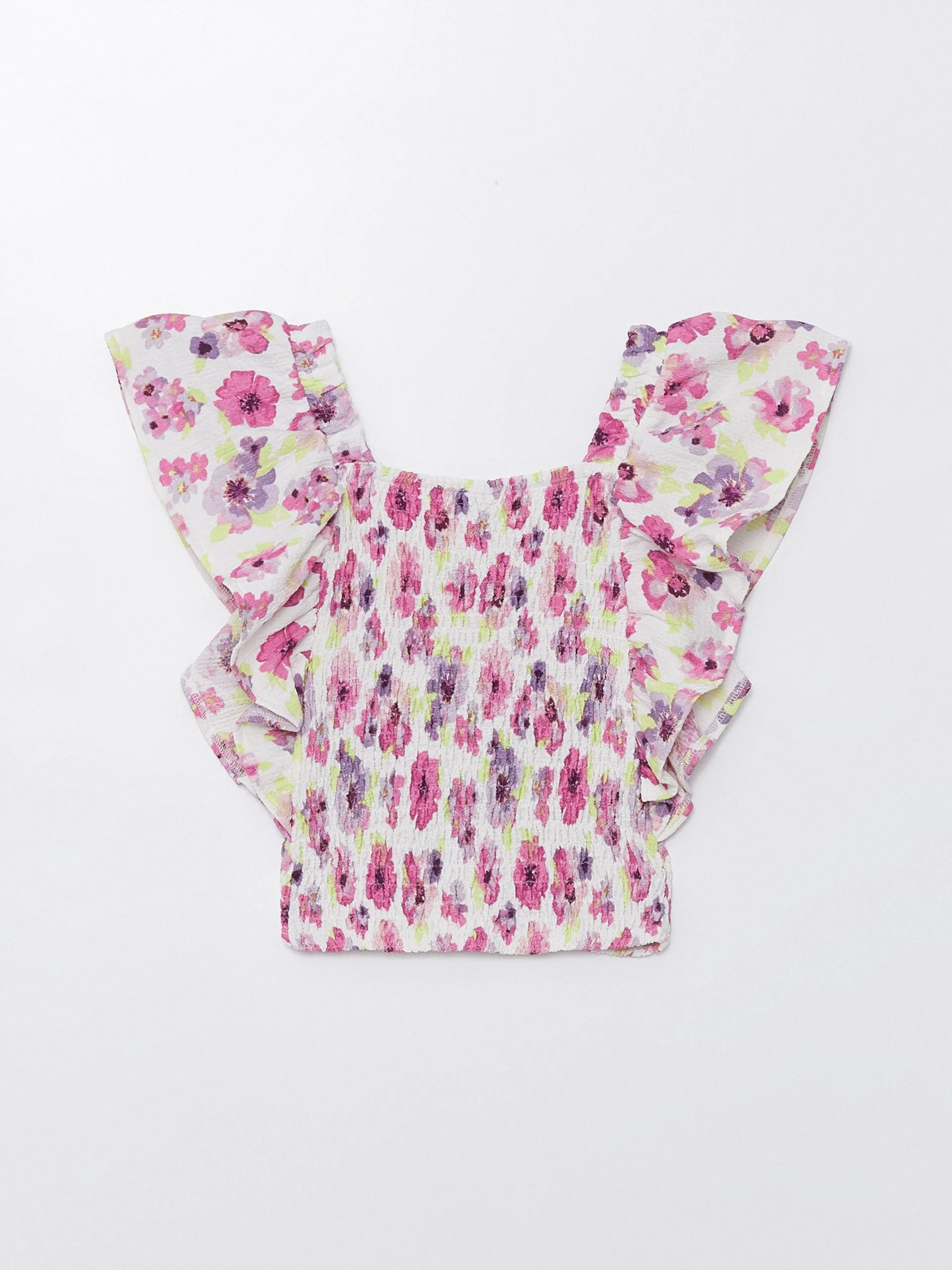 Square Neck Floral Short Sleeve Girls T-Shirt