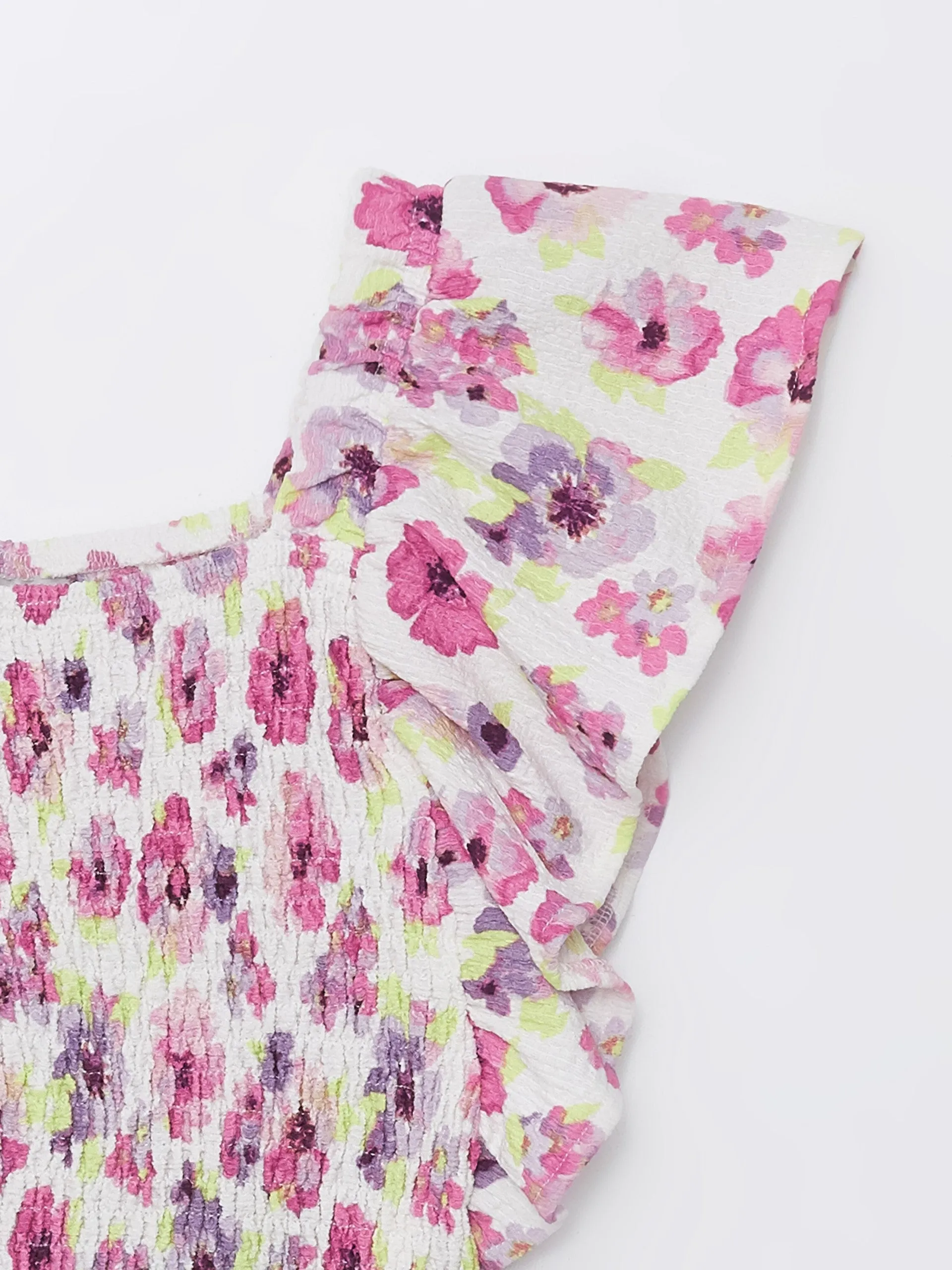 Square Neck Floral Short Sleeve Girls T-Shirt