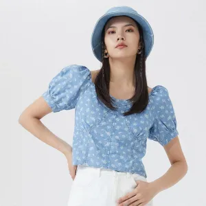 Summer Floral Denim Crop Top with Puff Sleeves