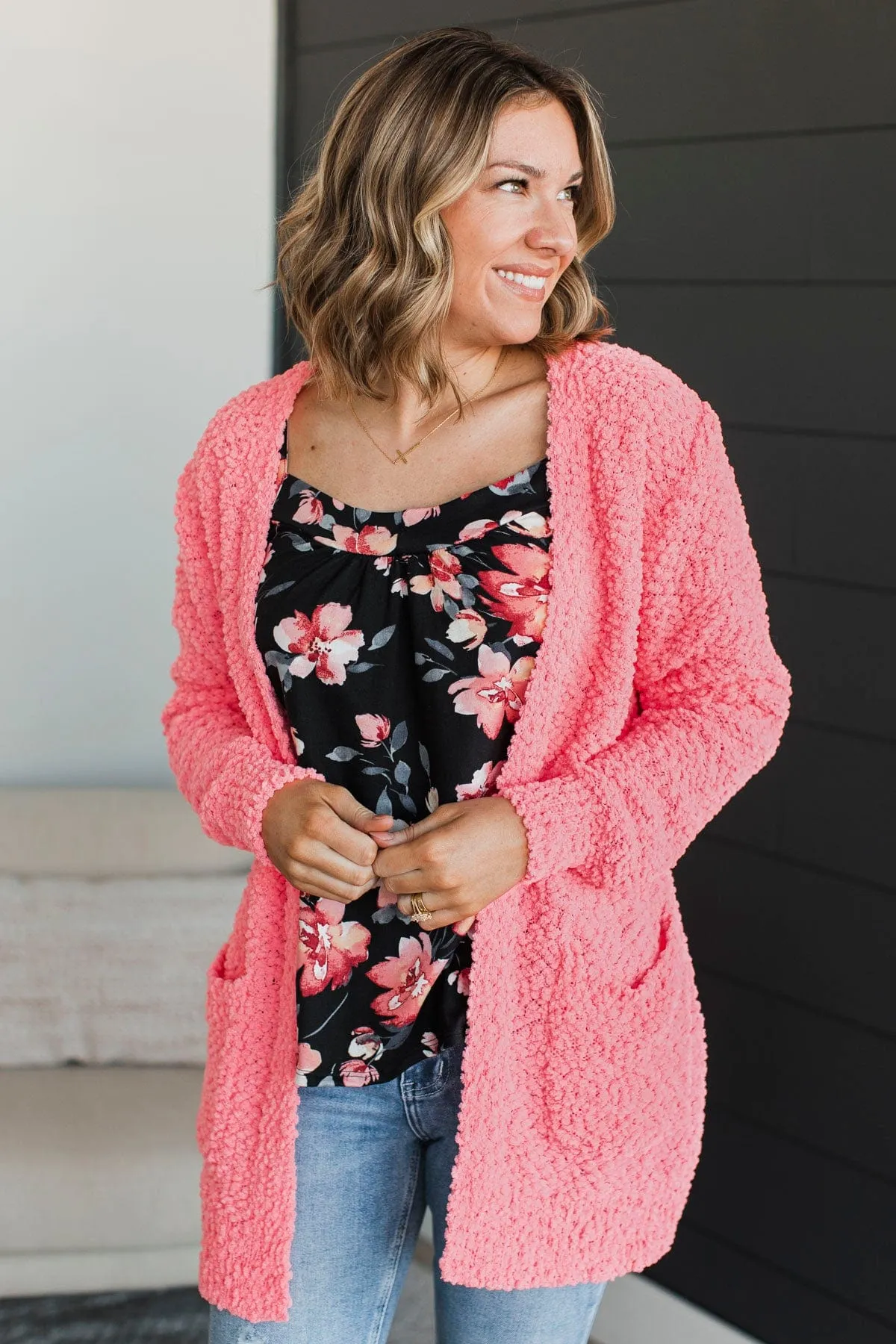 Take Another Look Popcorn Cardigan- Bright Pink