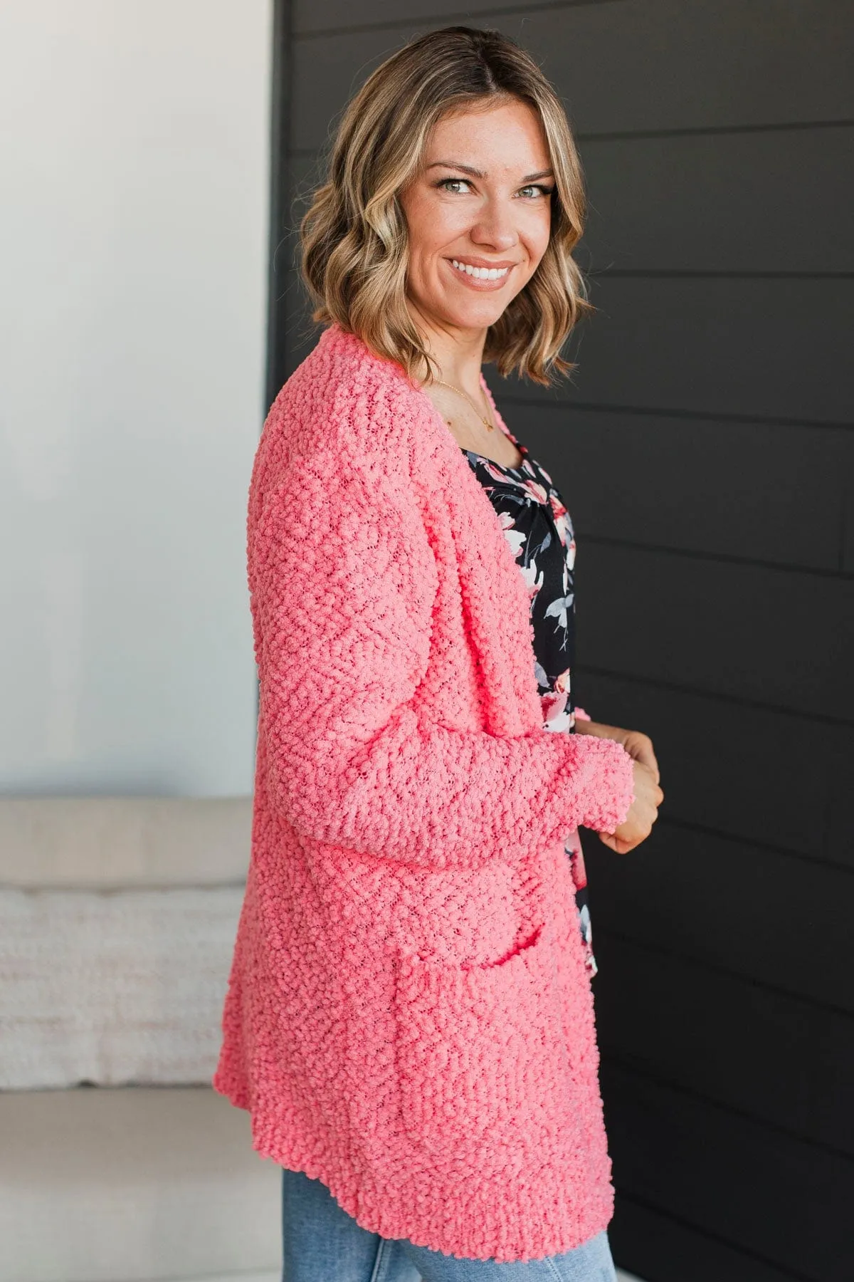Take Another Look Popcorn Cardigan- Bright Pink