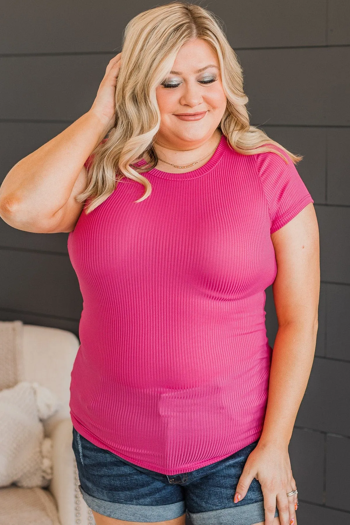 Together At Last Ribbed Knit Top- Bright Pink