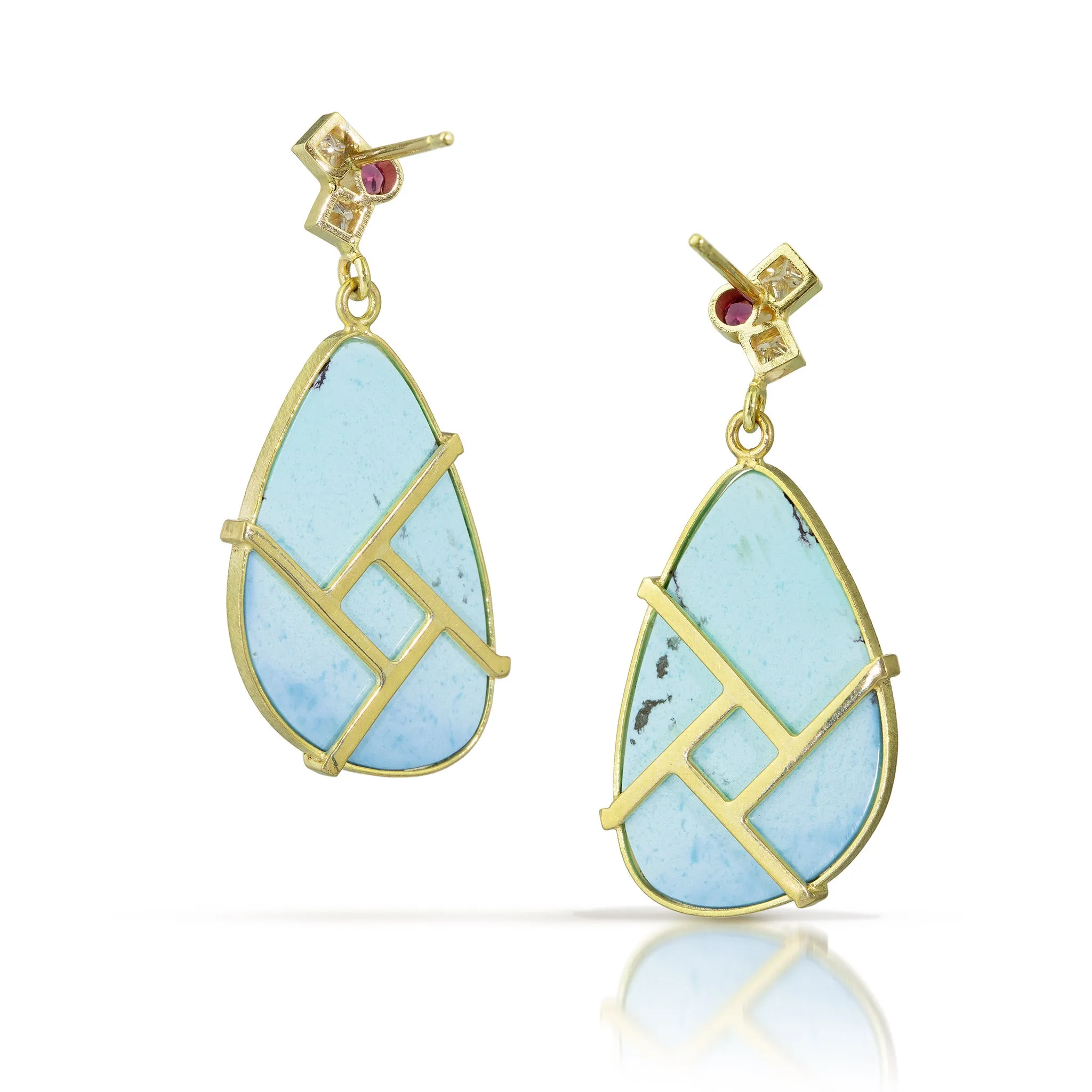 turquoise earrings with pink tourmaline and diamond confetti tops