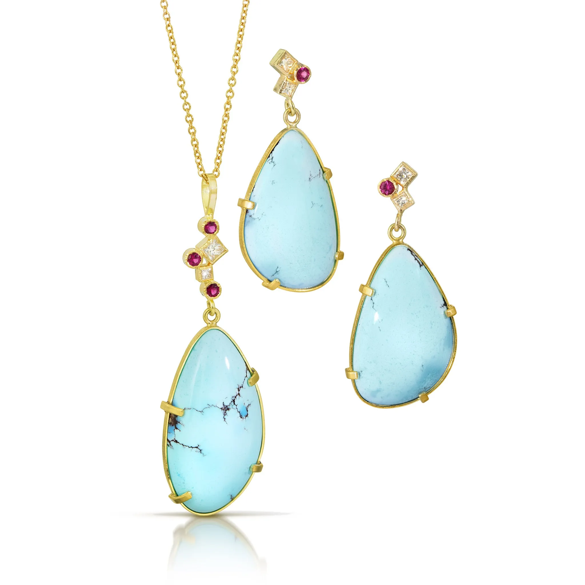 turquoise earrings with pink tourmaline and diamond confetti tops