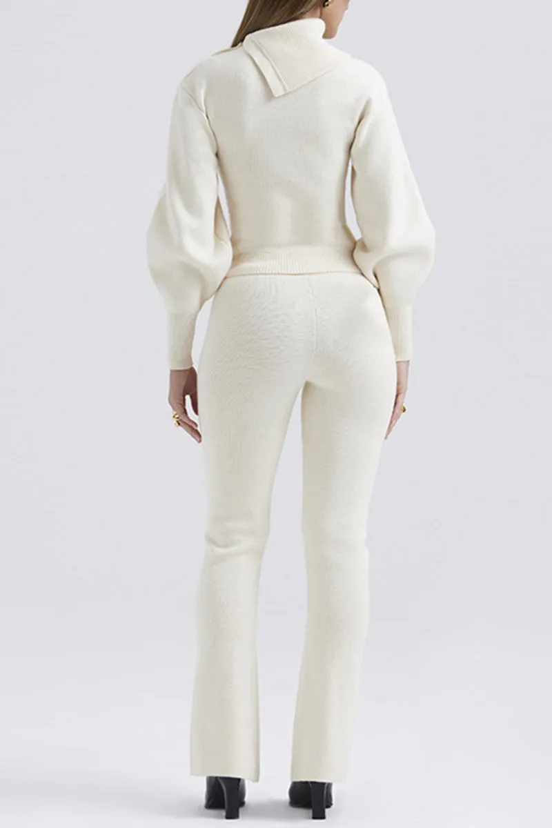 UK618 Hooded Knit Top and Straight Leg Knit Pants Set