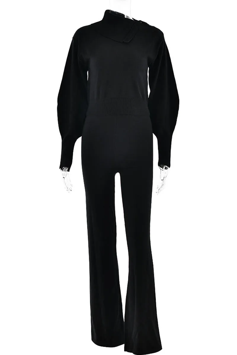 UK618 Hooded Knit Top and Straight Leg Knit Pants Set