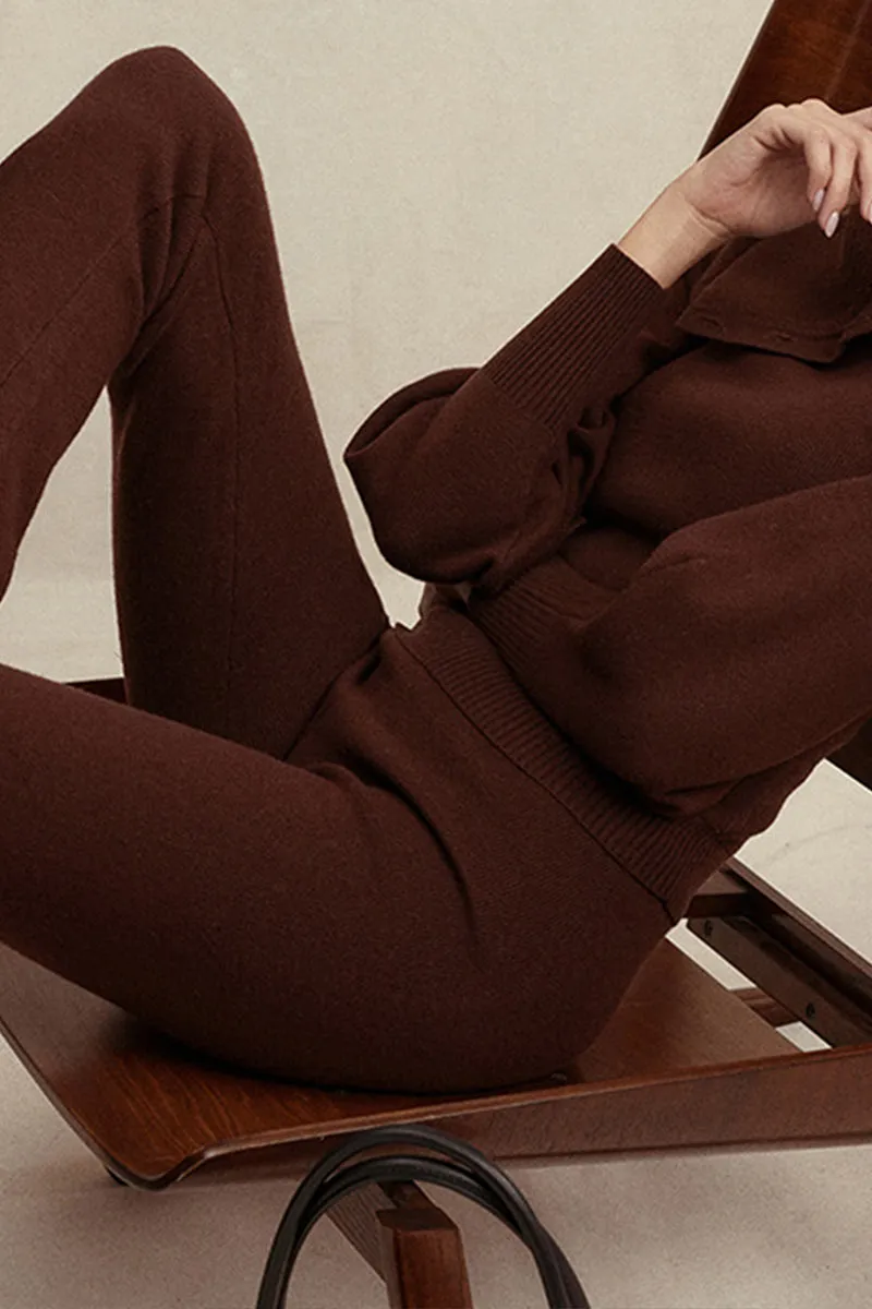 UK618 Hooded Knit Top and Straight Leg Knit Pants Set