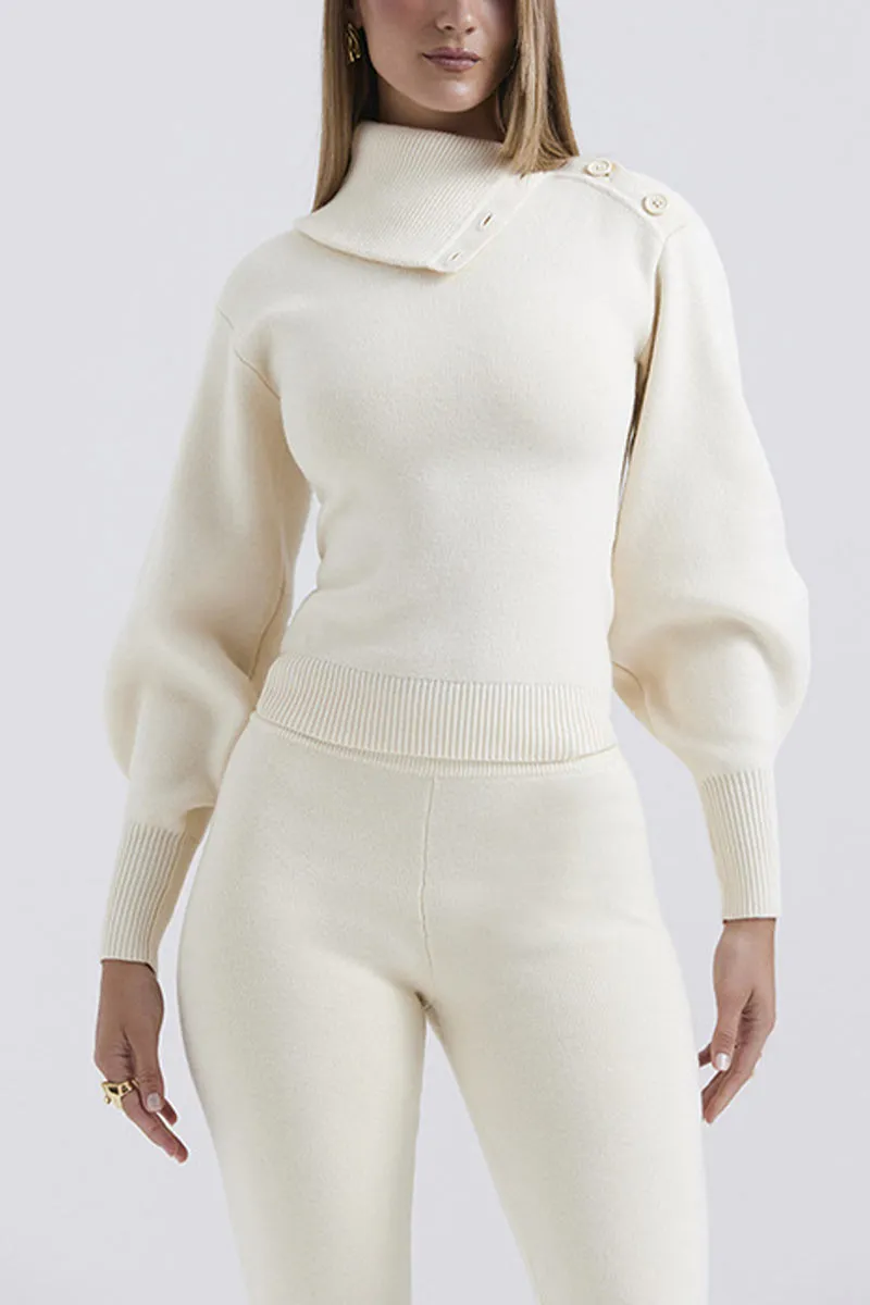 UK618 Hooded Knit Top and Straight Leg Knit Pants Set