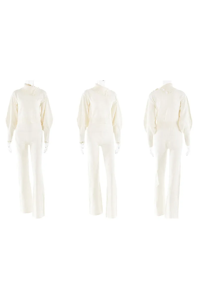 UK618 Hooded Knit Top and Straight Leg Knit Pants Set