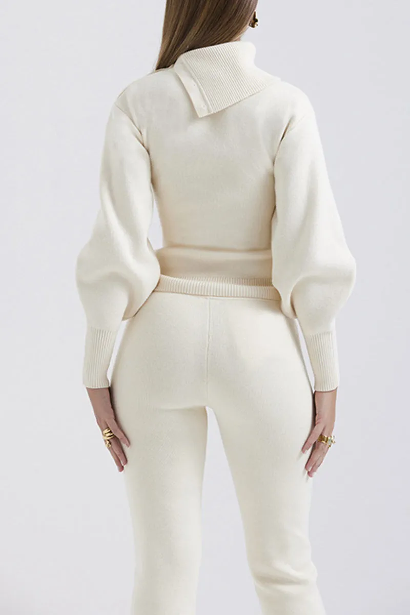 UK618 Hooded Knit Top and Straight Leg Knit Pants Set