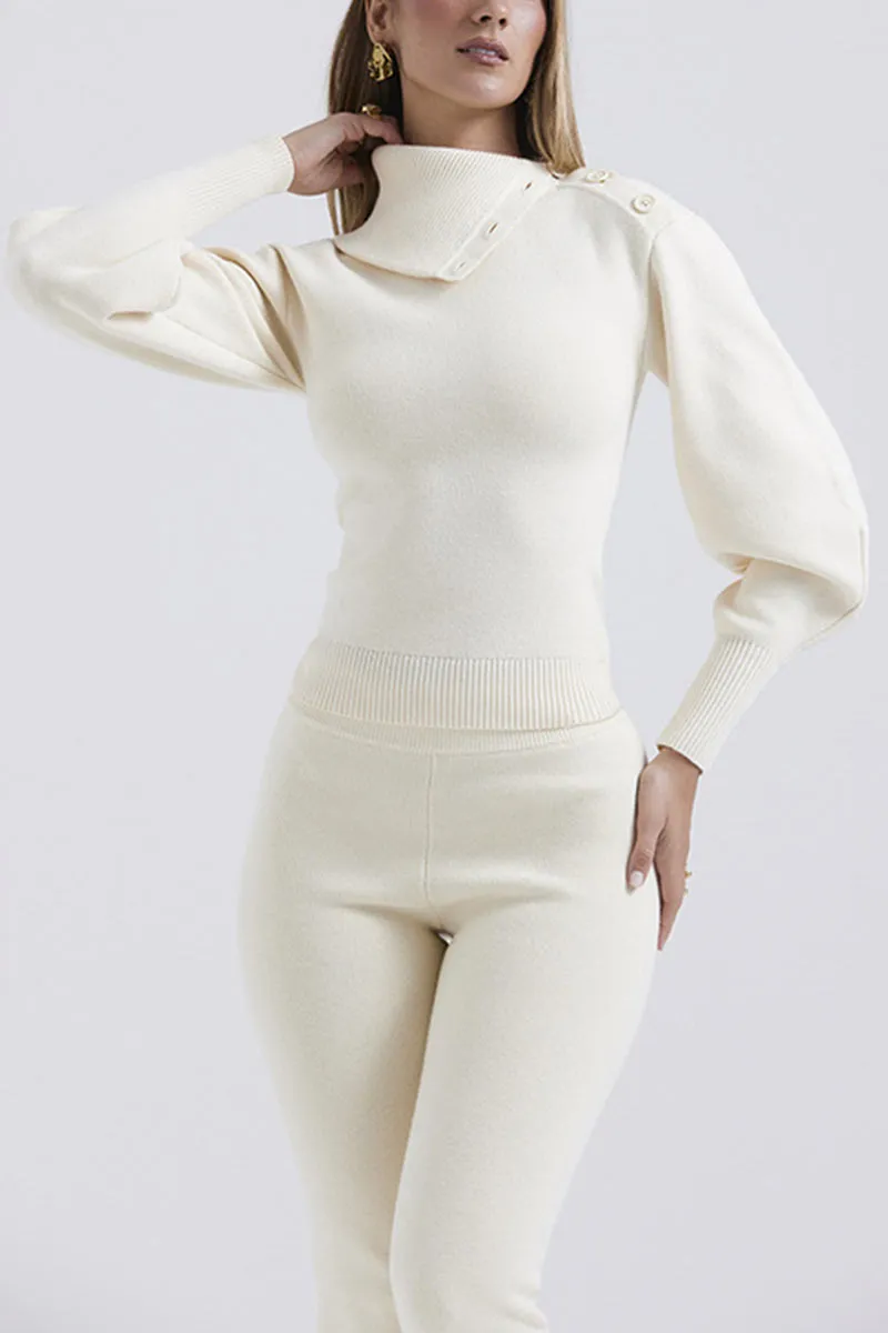 UK618 Hooded Knit Top and Straight Leg Knit Pants Set
