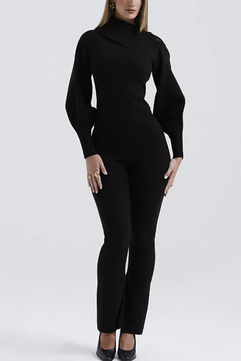 UK618 Hooded Knit Top and Straight Leg Knit Pants Set