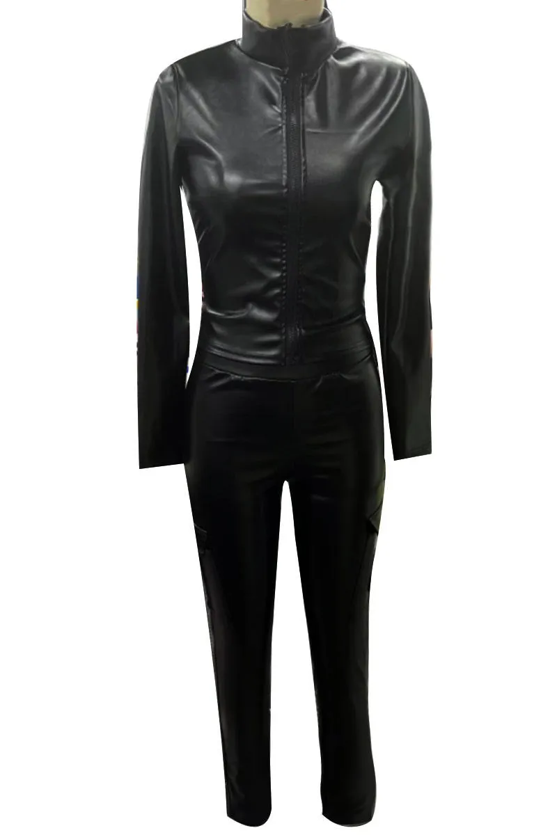 UK676 Tight Faux Leather Top and Pants Set