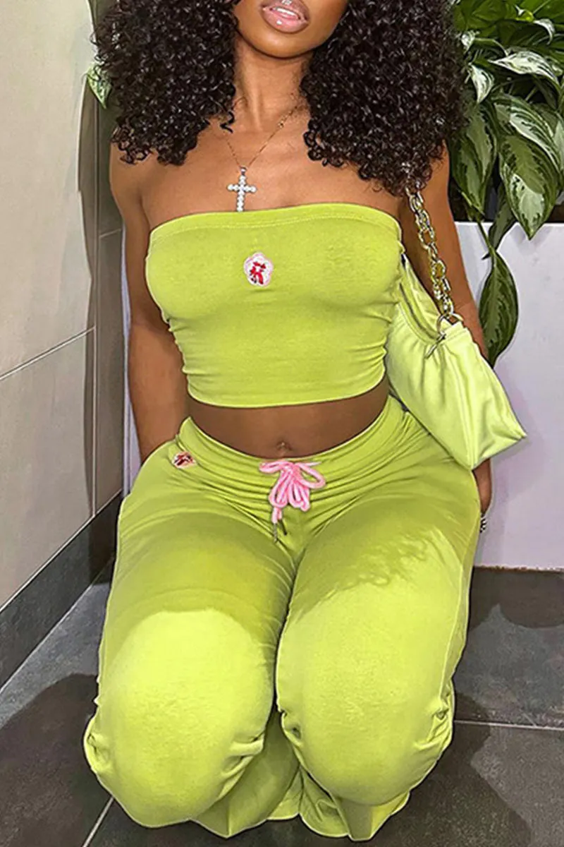 UK726 Embroidery Flower Tube Top and Pants Set