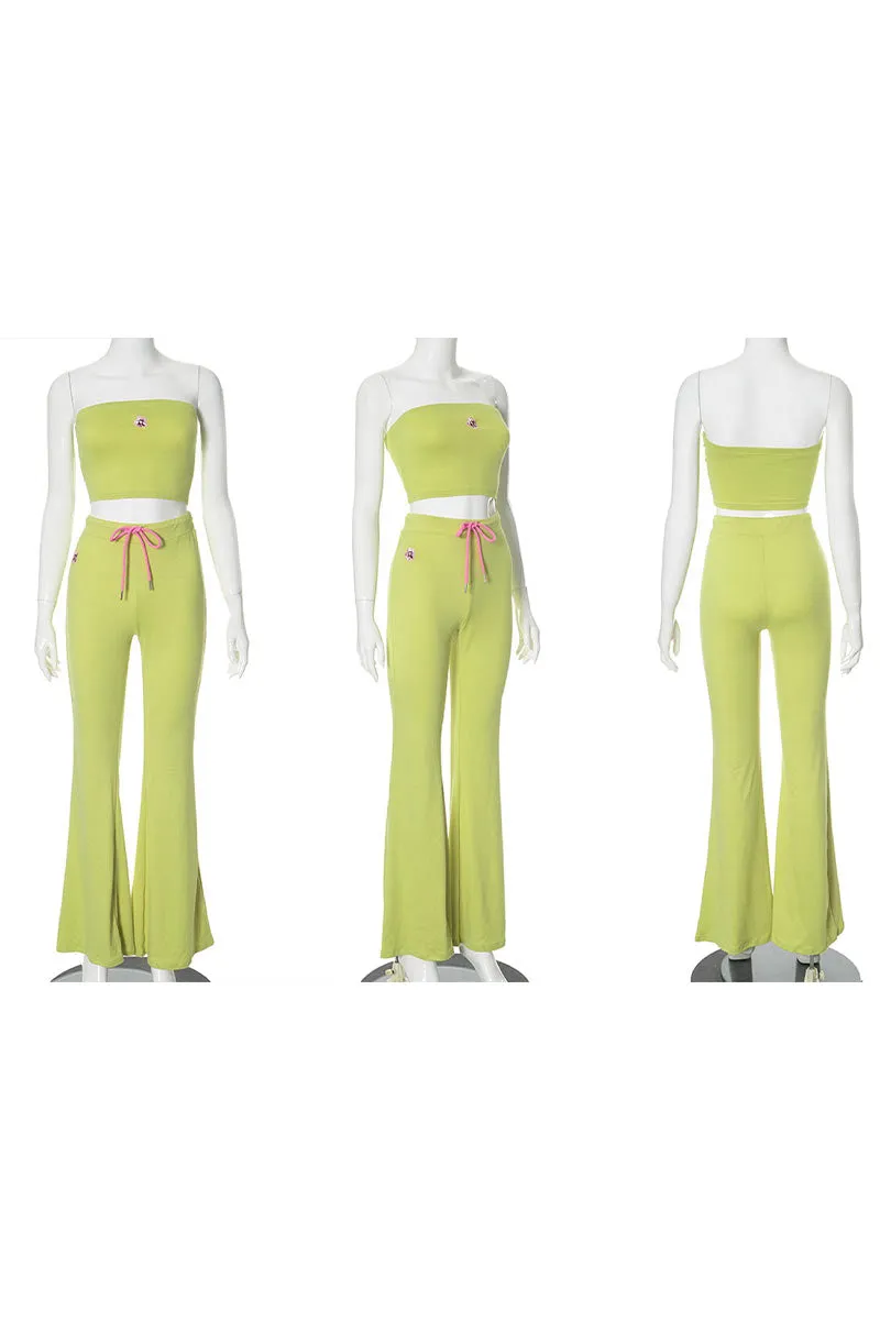 UK726 Embroidery Flower Tube Top and Pants Set