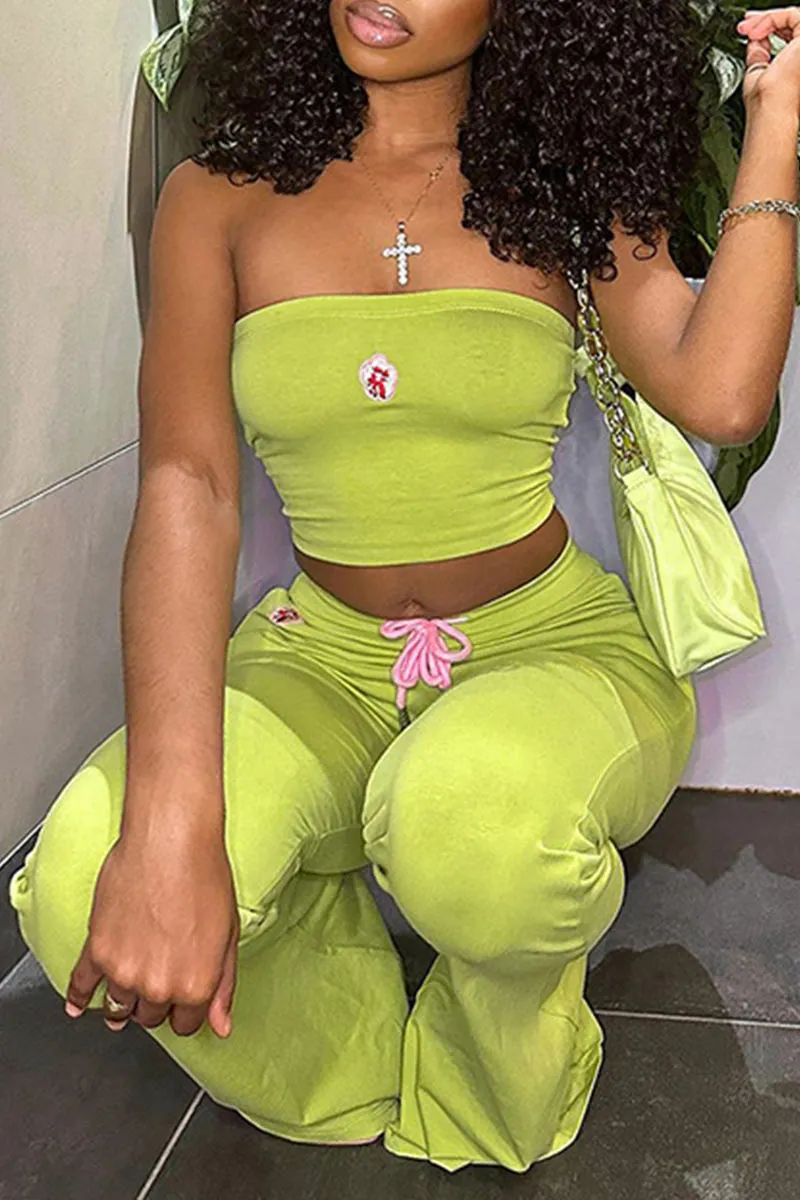 UK726 Embroidery Flower Tube Top and Pants Set