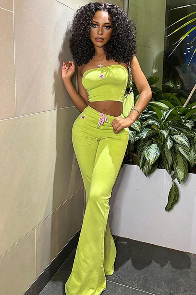 UK726 Embroidery Flower Tube Top and Pants Set