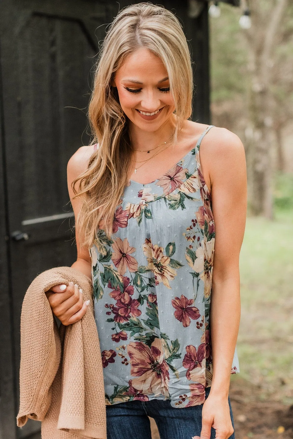 Up For Fun Floral Tank Top- Dusty Blue