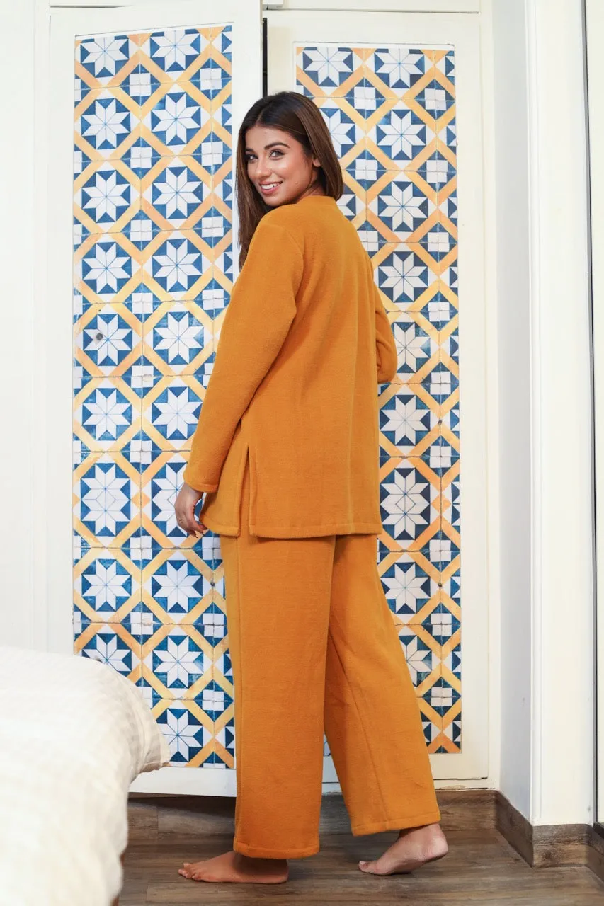 V neck Super Soft Mustard woollen Lounge Wear Set