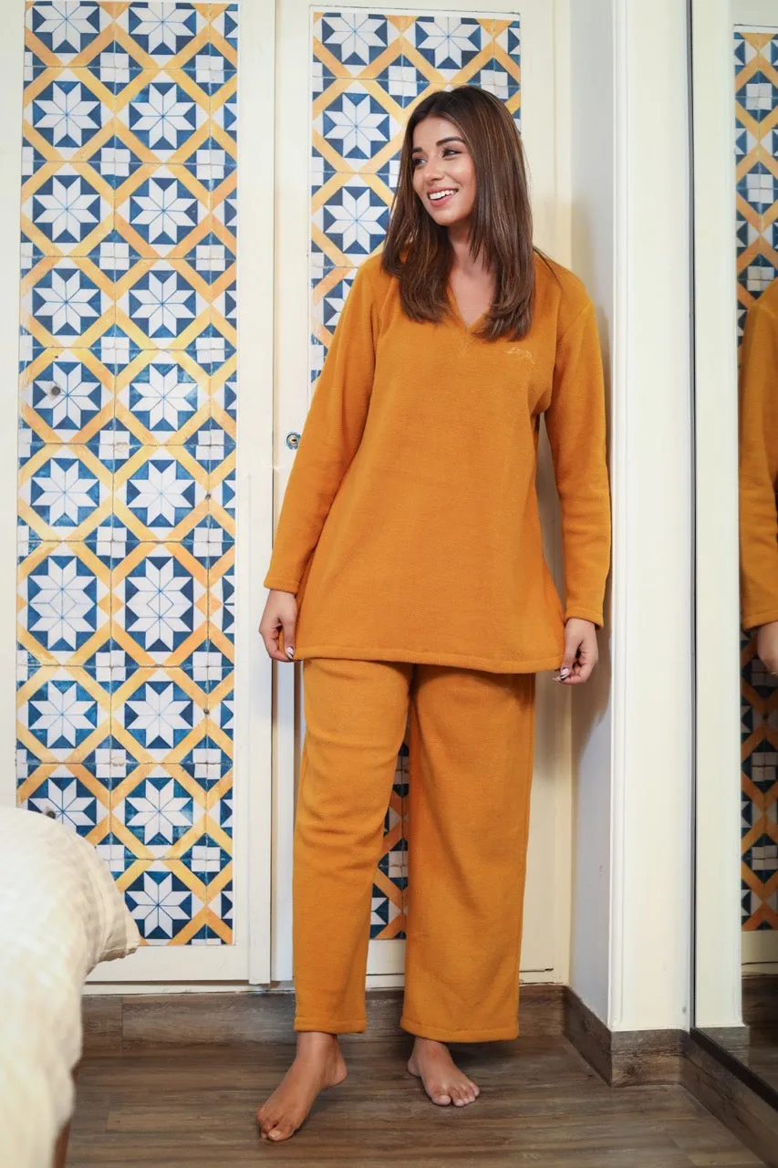 V neck Super Soft Mustard woollen Lounge Wear Set