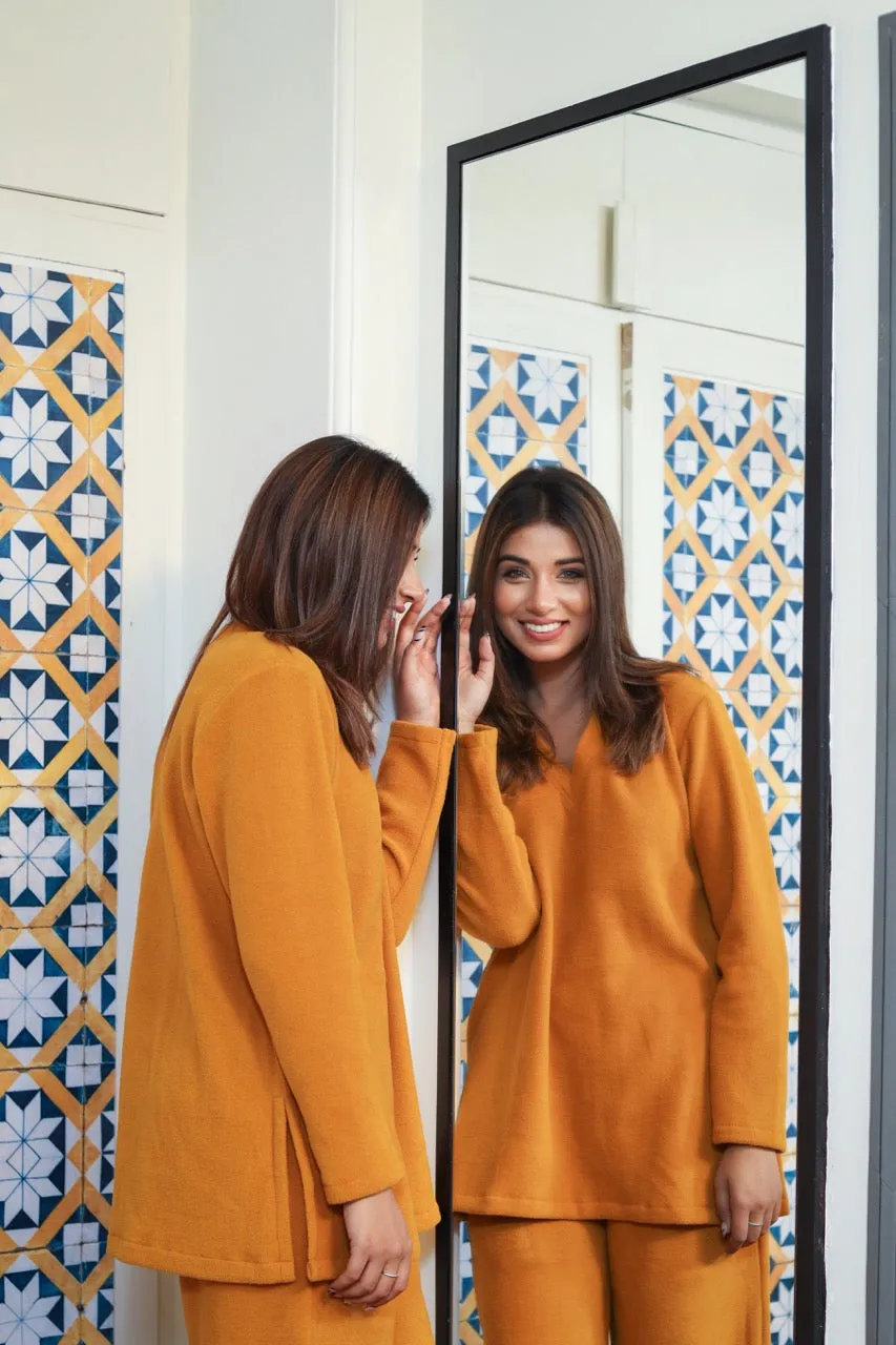 V neck Super Soft Mustard woollen Lounge Wear Set