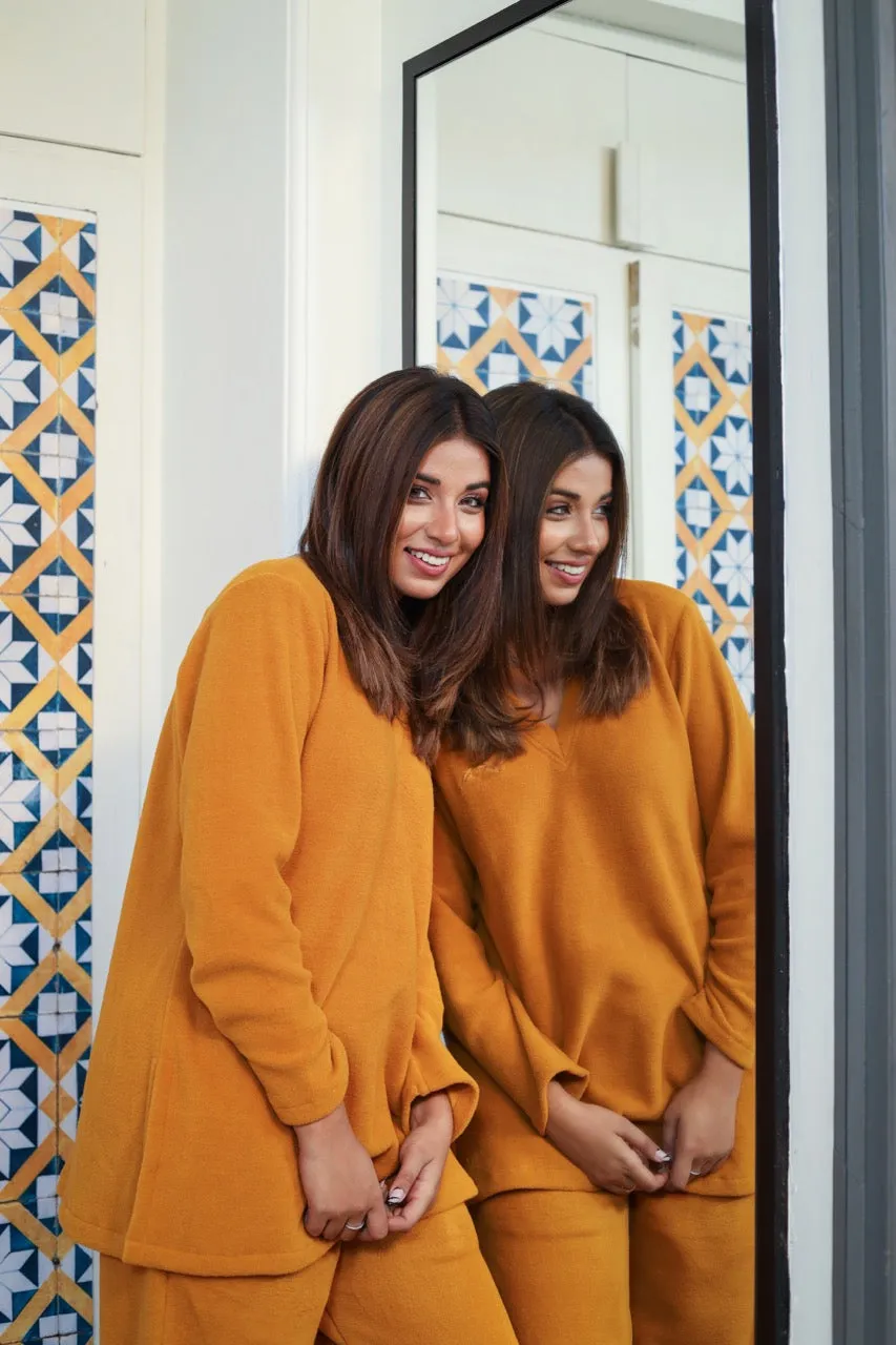 V neck Super Soft Mustard woollen Lounge Wear Set