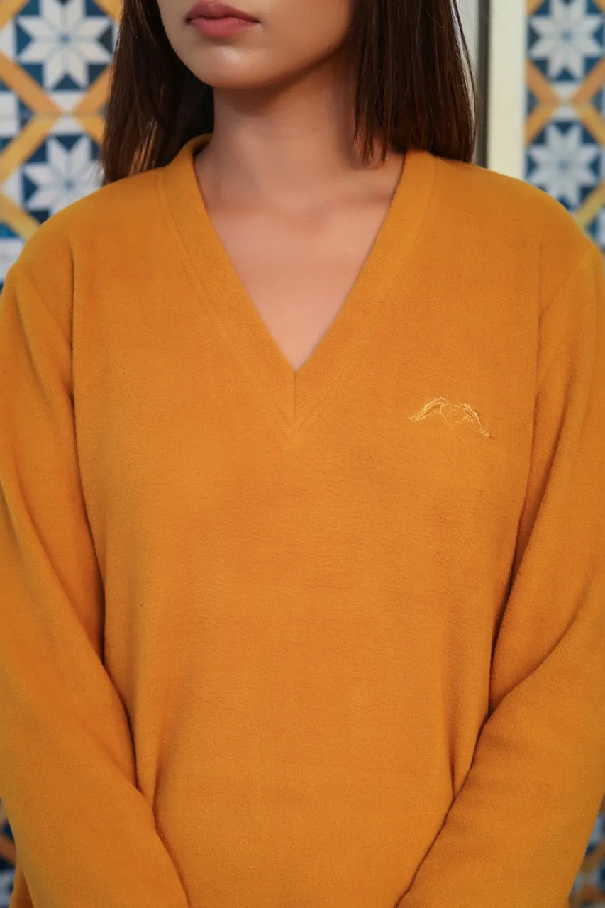 V neck Super Soft Mustard woollen Lounge Wear Set