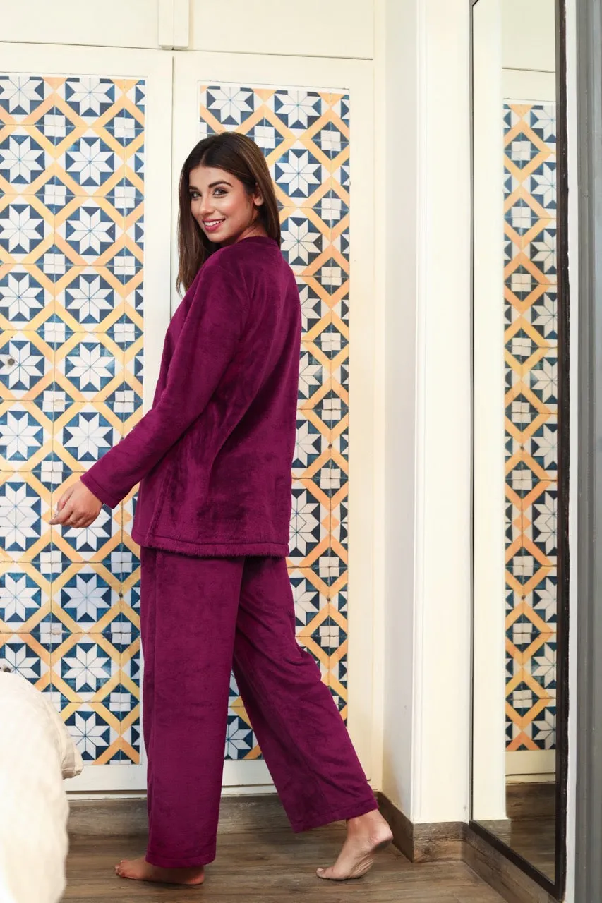 V neck Super Soft wine woollen Lounge Wear Set
