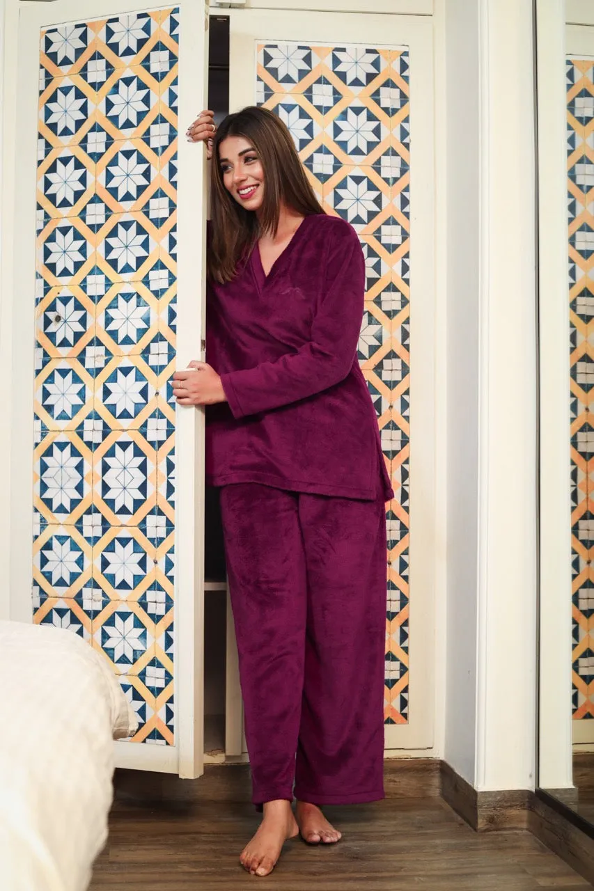 V neck Super Soft wine woollen Lounge Wear Set