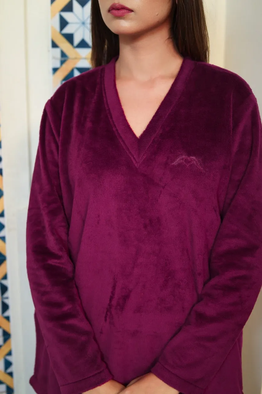 V neck Super Soft wine woollen Lounge Wear Set