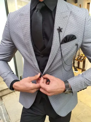 VillaNova Gray Slim Fit Patterned Suit - Three Piece Elegance