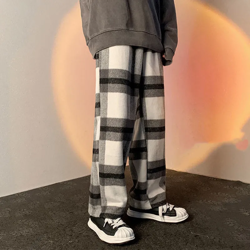 Vintage Long Woolen Plaid Men Pants