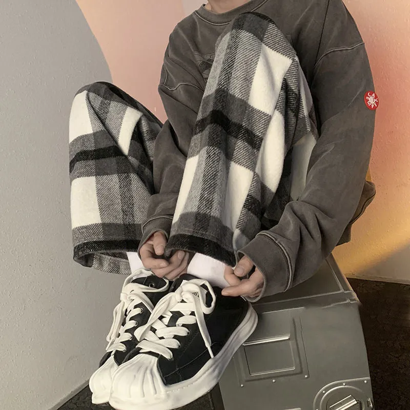 Vintage Long Woolen Plaid Men Pants