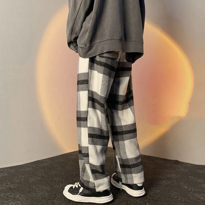 Vintage Long Woolen Plaid Men Pants