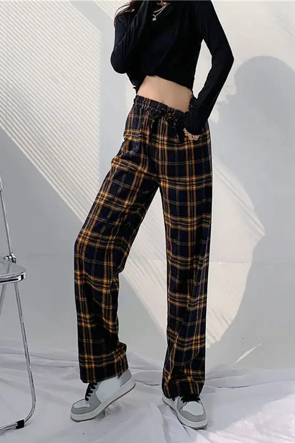 Vintage Yellow Plaid Loose Pants