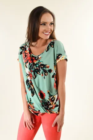 Watercolor Floral Knot Top ~ Mint