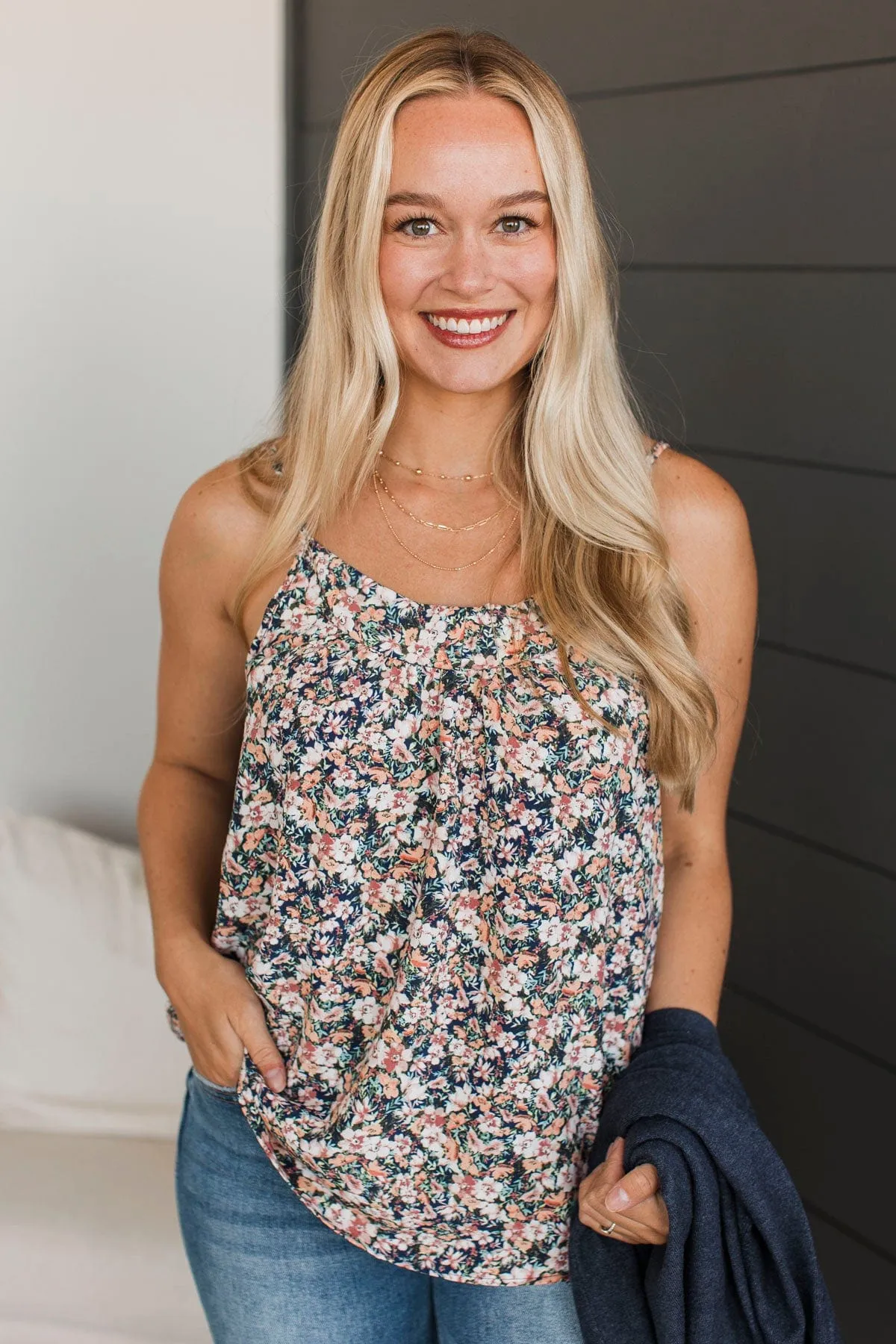 Ways Of The Heart Floral Tank Top- Navy