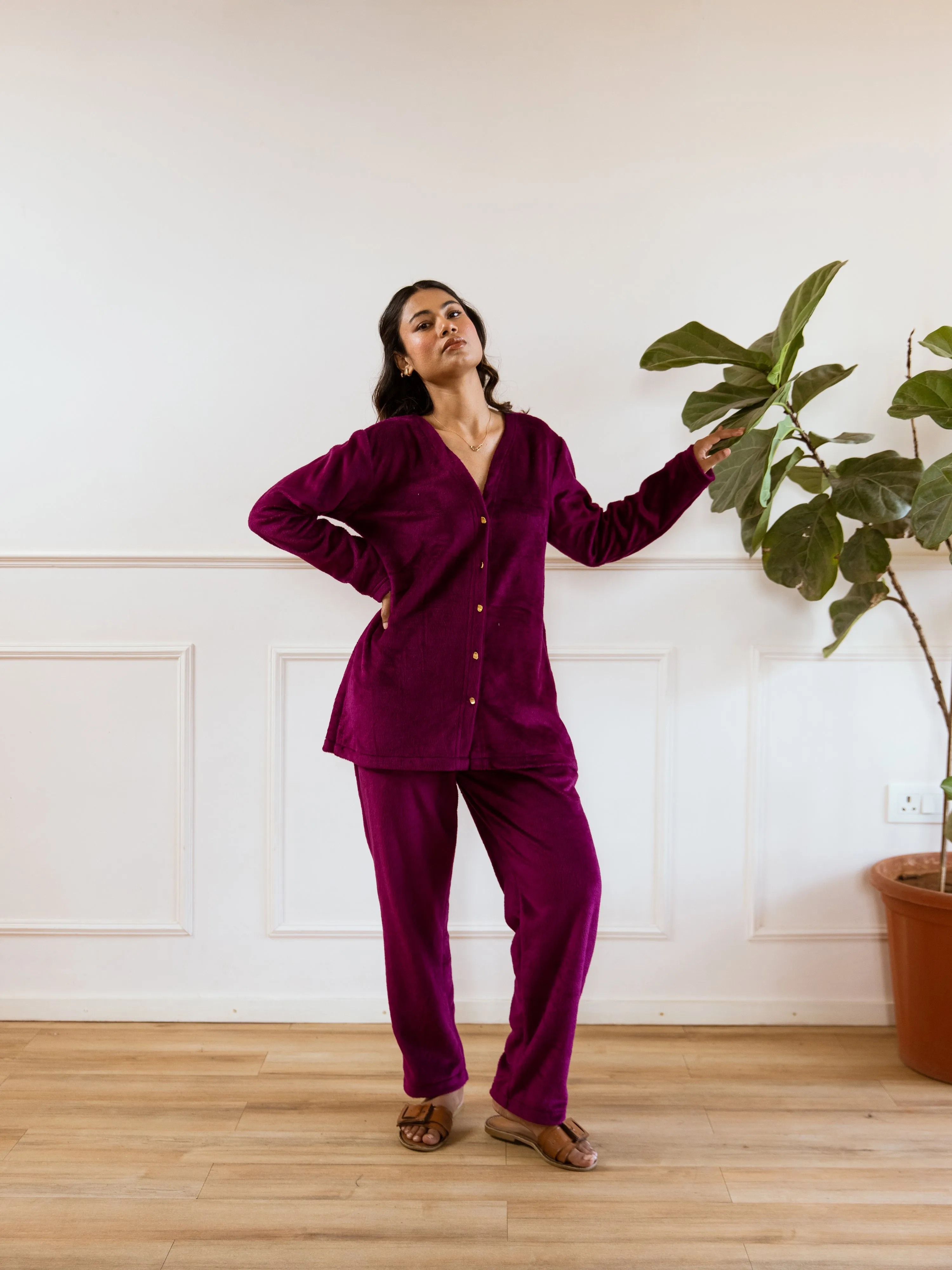 Wine Super Soft Woollen Cardigan Set