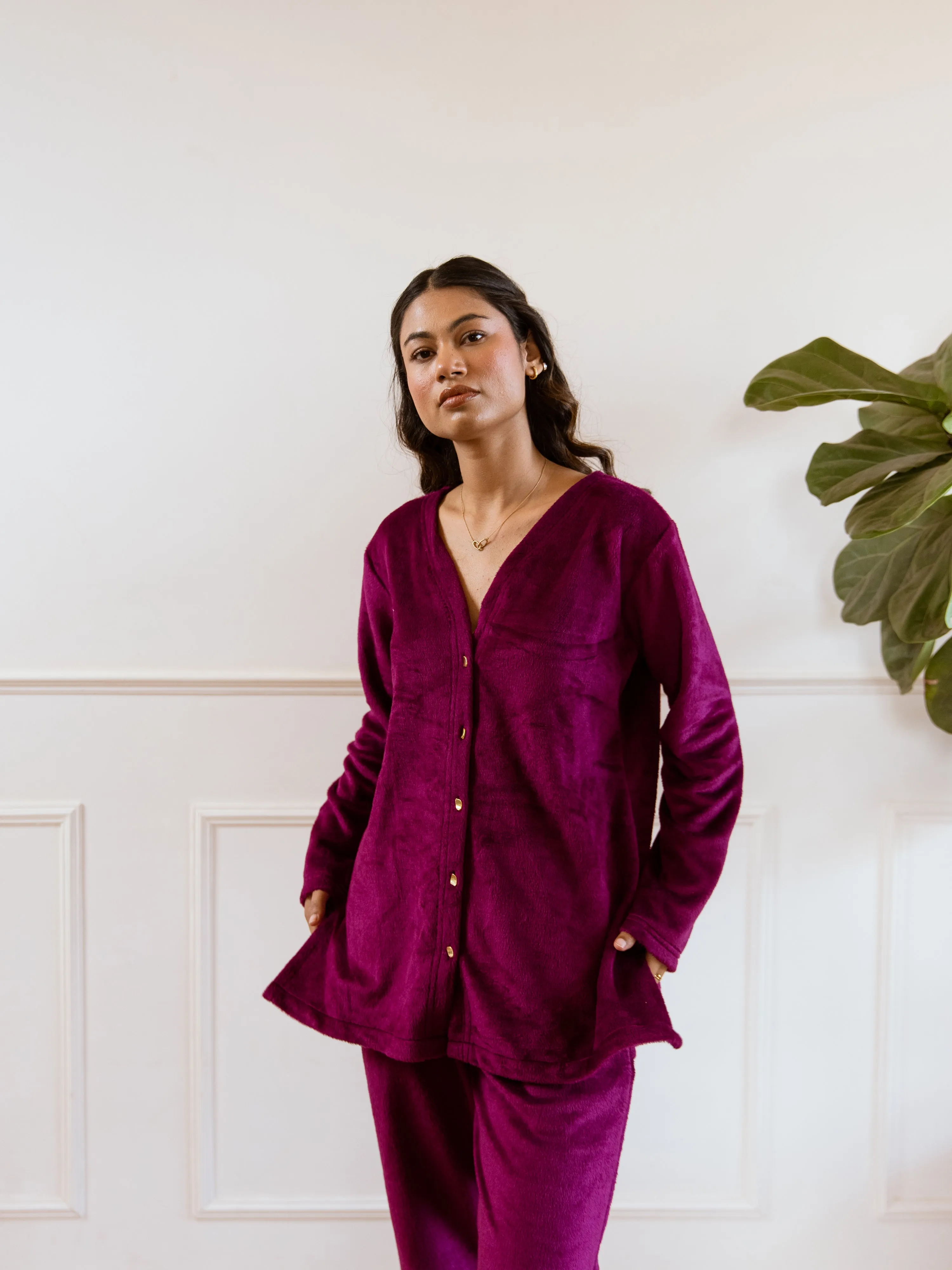 Wine Super Soft Woollen Cardigan Set