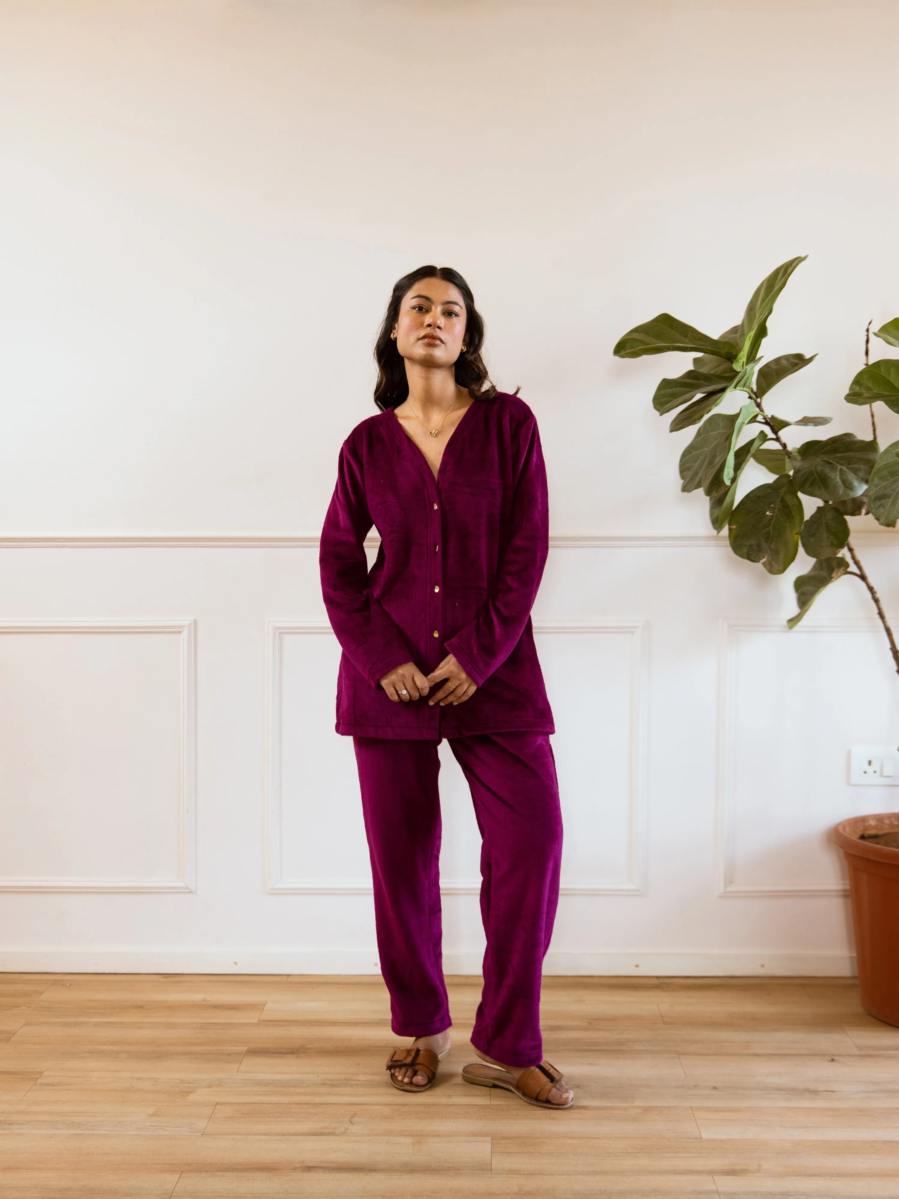 Wine Super Soft Woollen Cardigan Set
