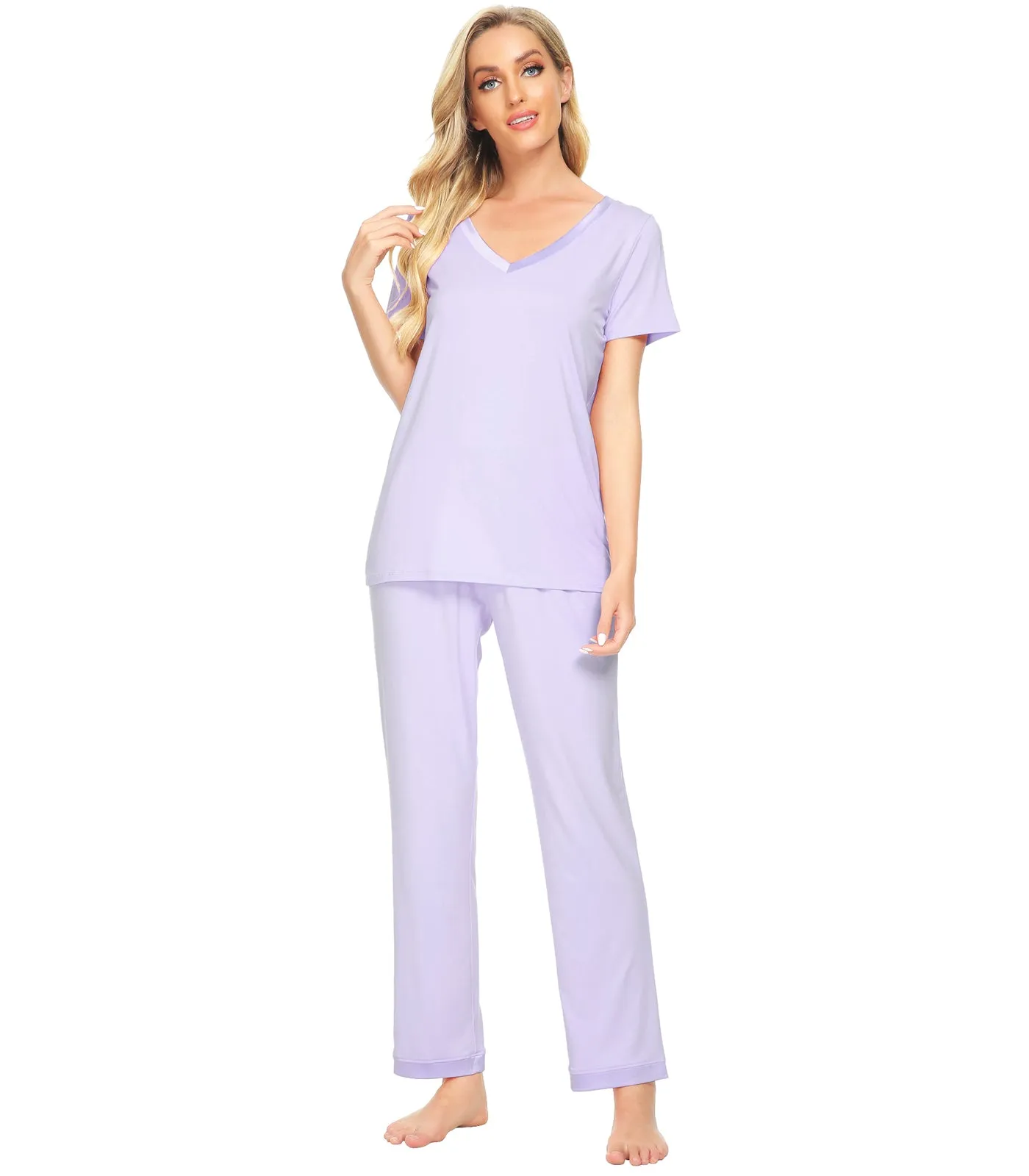 WiWi Womens Soft V-Neck Bamboo Pajama Sets