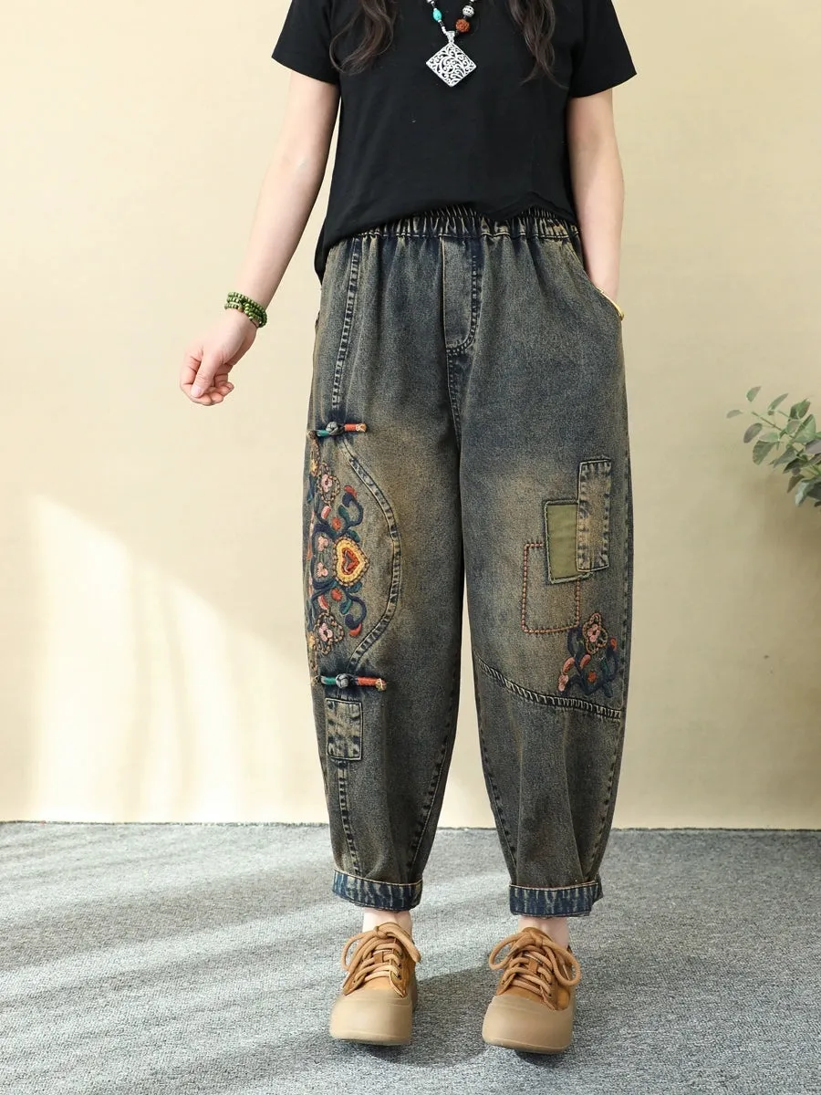 Women Ethnic Flower Embroidery Denim Harem Pants