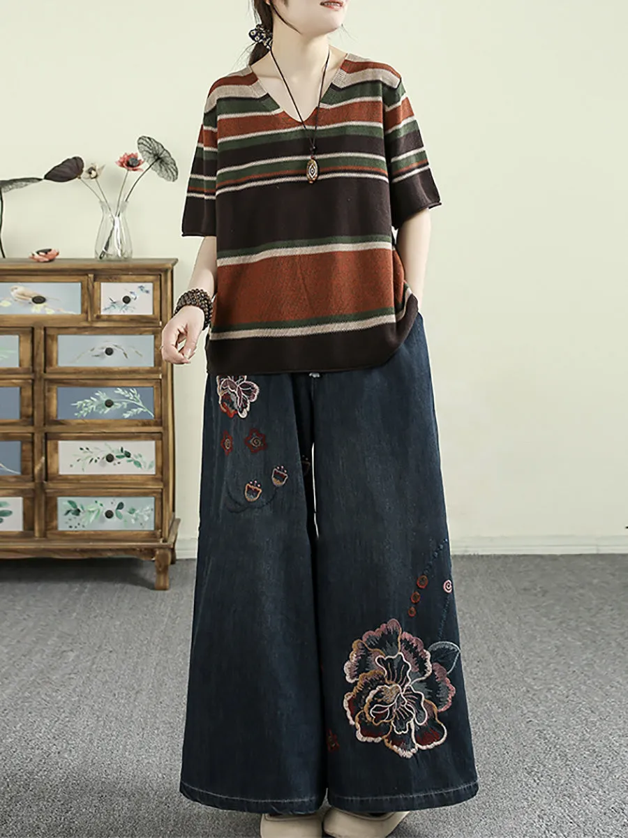 Women Retro Flower Embroidery Denim Wide-leg Pants